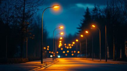 Empty paved road at night, illuminated by street lamps.