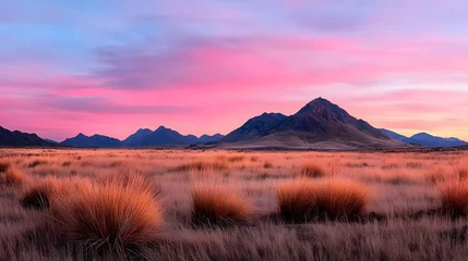 Gordijnen Lavender Sunset Over Desert Landscape with Mountains © wahab
