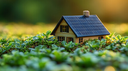 Miniature wooden house with solar panels on a bed of greenery.