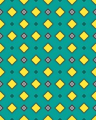 A vibrant geometric design with alternating yellow diamonds and gray squares set against a teal backdrop, ideal for textile or graphic use