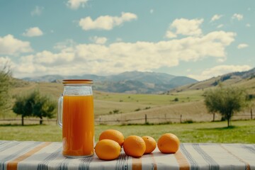 Fresh orange juice and fruit outdoors