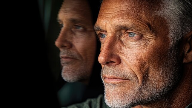 A senior man with a tired expression sees a reflection of his younger self brimming with energy.