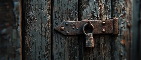Old wooden door secured with rusted lock