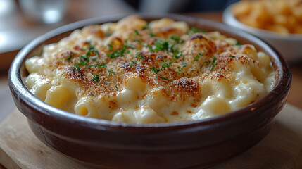Creamy, cheesy, and crispy baked mac and cheese in a brown bowl, topped with fresh parsley and breadcrumbs.