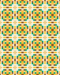 Geometric shapes create a visually striking pattern featuring squares and lines with bright yellow, teal, and brown tones for captivating decor