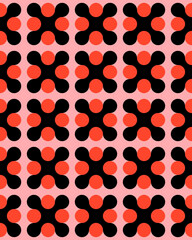 A bold geometric pattern features red and black shapes repeating on a soft pink background, showcasing modern artistic flair and design potential