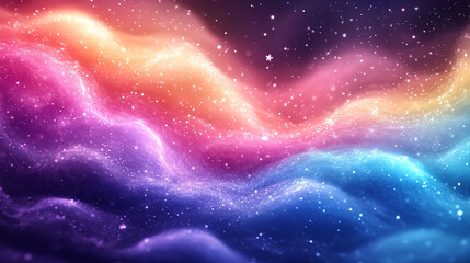 Abstract vibrant nebula swirling colors, starry dust particles, glowing cosmic waves.
