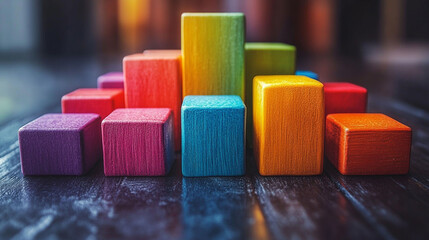 Colorful wooden blocks arranged in a pyramid shape on a dark wooden surface.