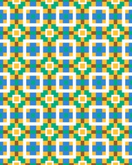 A striking geometric pattern showcases alternating squares and rectangles in bright colors, creating an eye-catching visual design