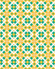 This vibrant design showcases a repetitive geometric pattern of diamonds and squares in green and yellow hues