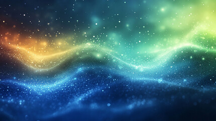Abstract background with vibrant color gradients, flowing lines, and sparkling particles.