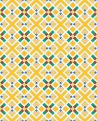A vibrant geometric pattern features a yellow background with colorful designs. This artwork is perfect for interior decoration or textile design