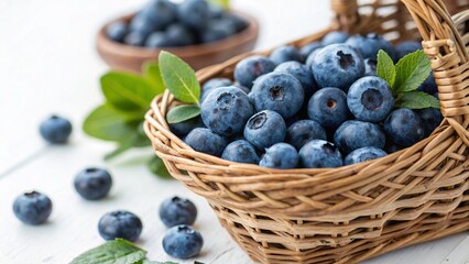 Fresh Blueberries in Wicker Basket with Natural Lighting Studio Shot