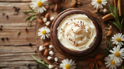 Wooden bowl of creamy spread topped with seeds, surrounded by herbs, spices, and flowers on a rustic wooden surface.