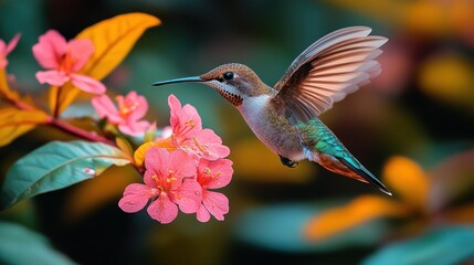 Fototapeta premium Tiny hummingbird in flight, hovering near vibrant pink flowers. Detailed close-up view of the bird's wings and colorful plumage. Lush green foliage and warm, autumnal colors in the background