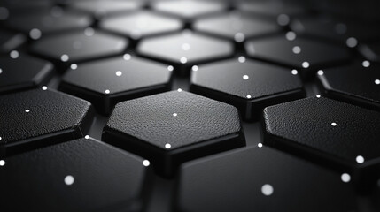 Abstract hexagonal pattern of dark gray/black geometric shapes with highlights.