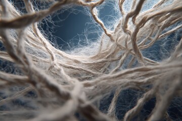 Extreme close-up of soft natural cotton fibers with tangled threads texture