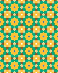 A vibrant geometric design features repeating shapes of yellow flowers, green accents, and blue details, suitable for various uses
