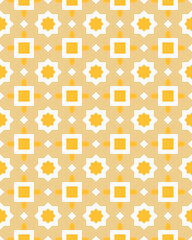 This design showcases a vibrant geometric pattern featuring square and star shapes in warm yellow shades, creating a lively visual effect