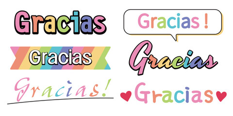 Vector set of colorful “Gracias” text designs in various cute and playful styles. Includes speech bubble, hearts, pastel colors, and empty space suitable for adding custom messages.