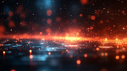 Abstract background with vibrant orange and blue bokeh lights and glowing particles.
