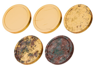The aging process of a coin. A set of isolated gold and rusty coins. 3D rendering.