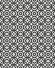 A complex black and white geometric pattern features interlocking shapes arranged in a consistent grid, showcasing modern design aesthetics