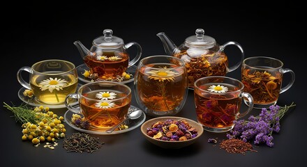 Herbal Tea Assortment with Teapots and Cups on Black