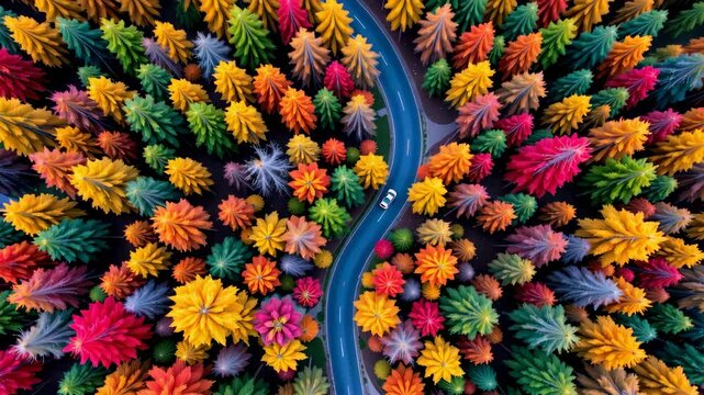 A winding road passes through a dense forest of vibrant, multicolored trees viewed from above.
