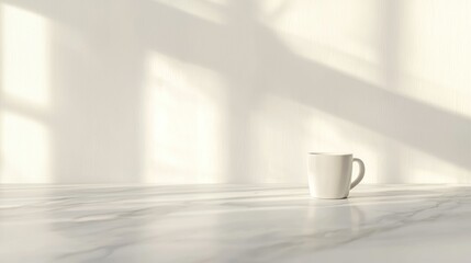 White mug on marble surface with shadows