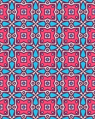 This vibrant design showcases a repeating geometric pattern with pink and blue shapes against a dark backdrop, creating visual harmony