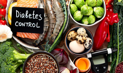 Diabetic measurement set, healthy food eating.