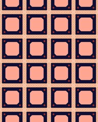 A geometric pattern features alternating squares with contrasting colors and textures, creating a striking visual effect