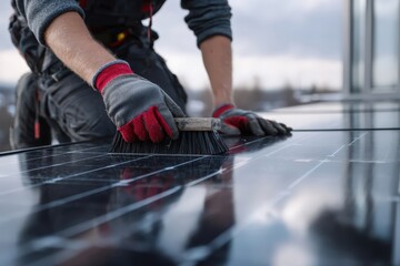 Fototapeta premium Close-up of worker cleaning solar panels on modern office rooftop for maintenance and energy efficiency