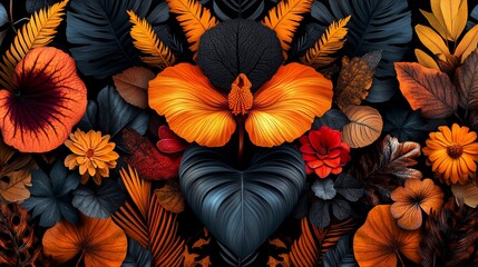 Fototapeta premium A vibrant floral composition. Large orange blooms, dark blue leaves, and various textures create a rich scene