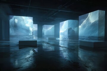 Minimal white cube room with drifting iceberg projections and glowing ice floor