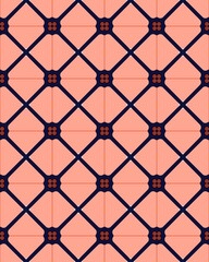 Fototapeta premium This design showcases a coral background with a geometric pattern of interlocking shapes outlined in navy, creating a striking visual effect