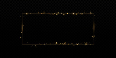 Elegant Gold Rectangle Frame with Dust and Glitter Overlay. Shining Golden Border for Holiday Cards, Blank Invitations, Banners, Luxury Decoration, and Advertising Design on Transparent