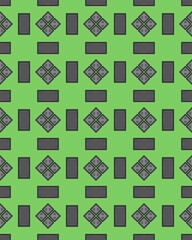Geometric shapes in black and gray are arranged in a repetitive pattern over a bright green background, creating a striking visual effect
