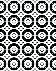 Repeating black and white geometric design showcases intricate circles and star shapes in a captivating pattern