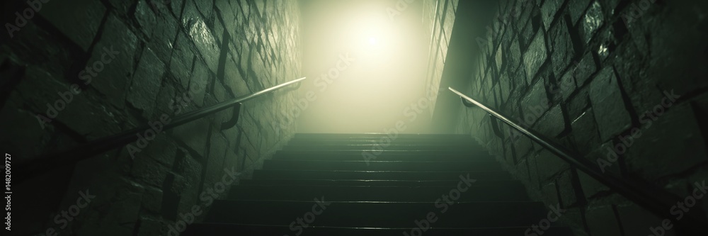 Poster mysterious staircase in fog with warm light atmospheric scene for suspense mystery and fantasy