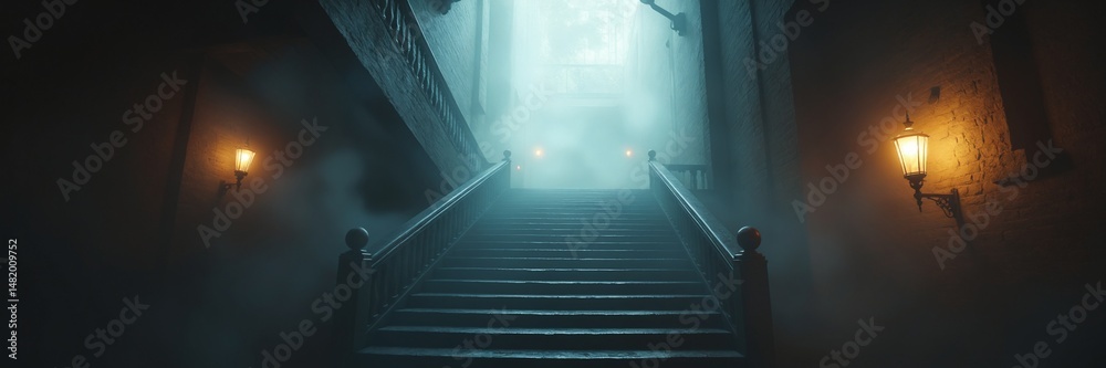 Poster mysterious staircase in fog with warm light atmospheric scene for suspense mystery and fantasy