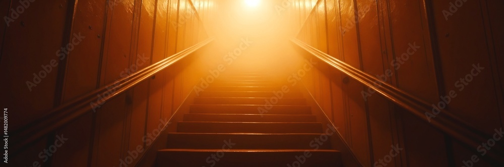 Poster mysterious staircase in fog with warm light atmospheric scene for suspense mystery and fantasy