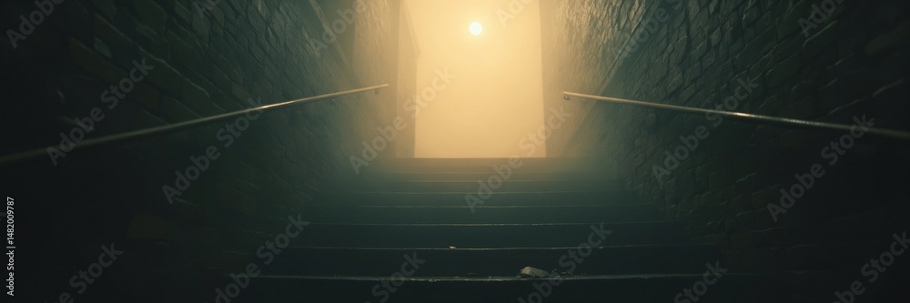 Aufkleber mysterious staircase in fog with warm light atmospheric scene for suspense mystery and fantasy