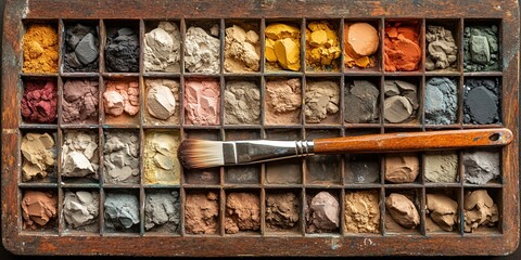 Palette of earth pigments and brush
