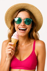 Happy woman with sunglasses and ice cream – vibrant summer portrait on white background