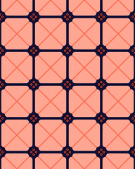 A detailed geometric pattern showcases coral-colored squares with navy blue lines and circular motifs, creating a harmonious design