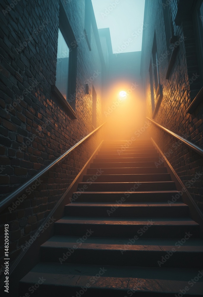 Poster mysterious staircase in fog with warm light atmospheric scene for suspense mystery and fantasy