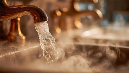 Hot water flowing from faucet with steam rising in modern bathroom – close-up on shiny metal tap and warm vapor