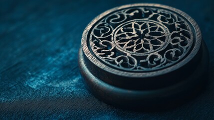 Intricate wooden seal with ornate design on a textured surface captured in soft lighting